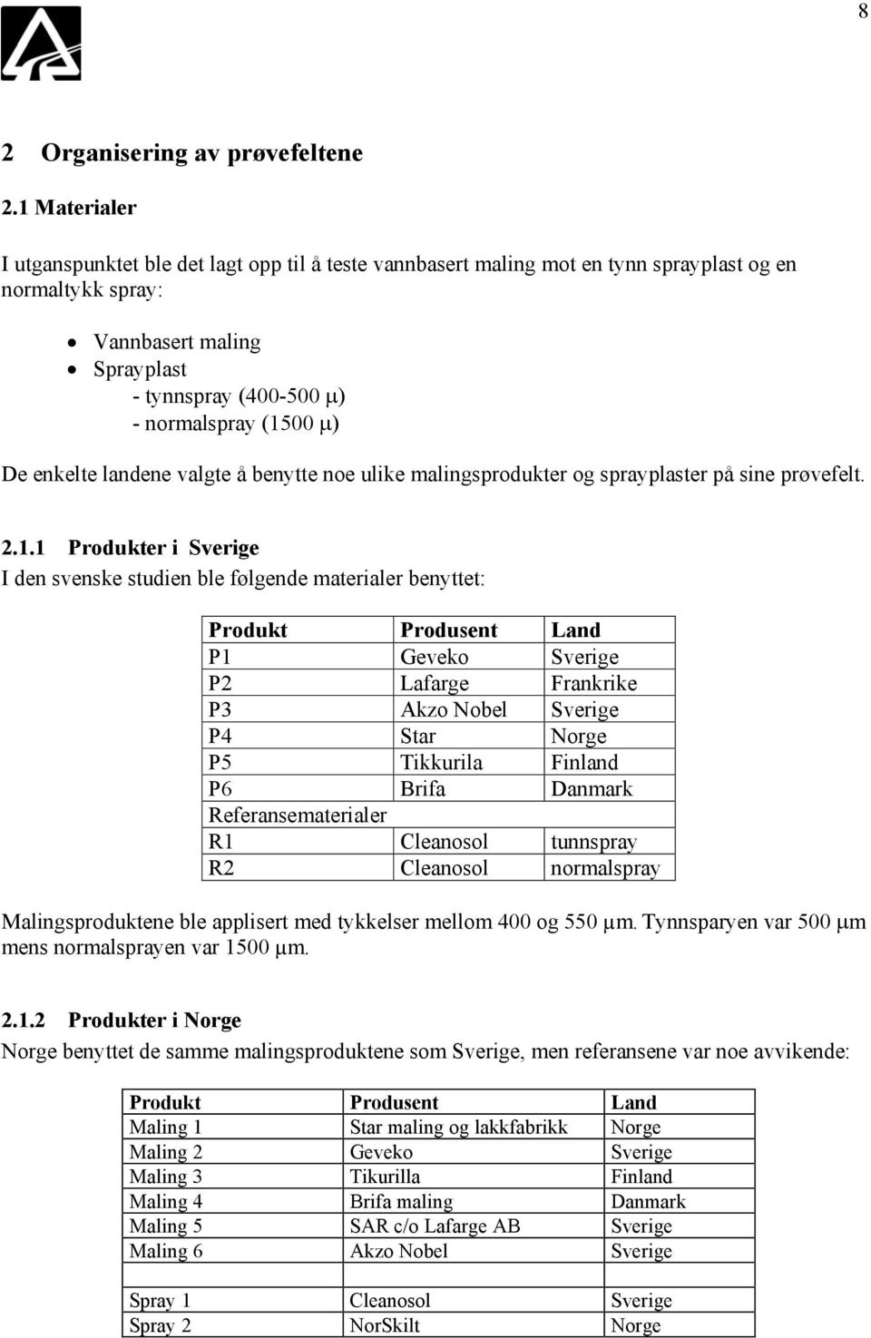 De enkelte landene valgte å benytte noe ulike malingsprodukter og sprayplaster på sine prøvefelt. 2.1.