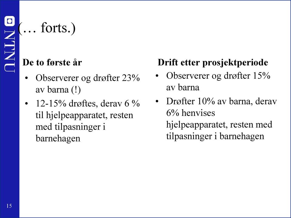 barnehagen Drift etter prosjektperiode Observerer og drøfter 15% av barna