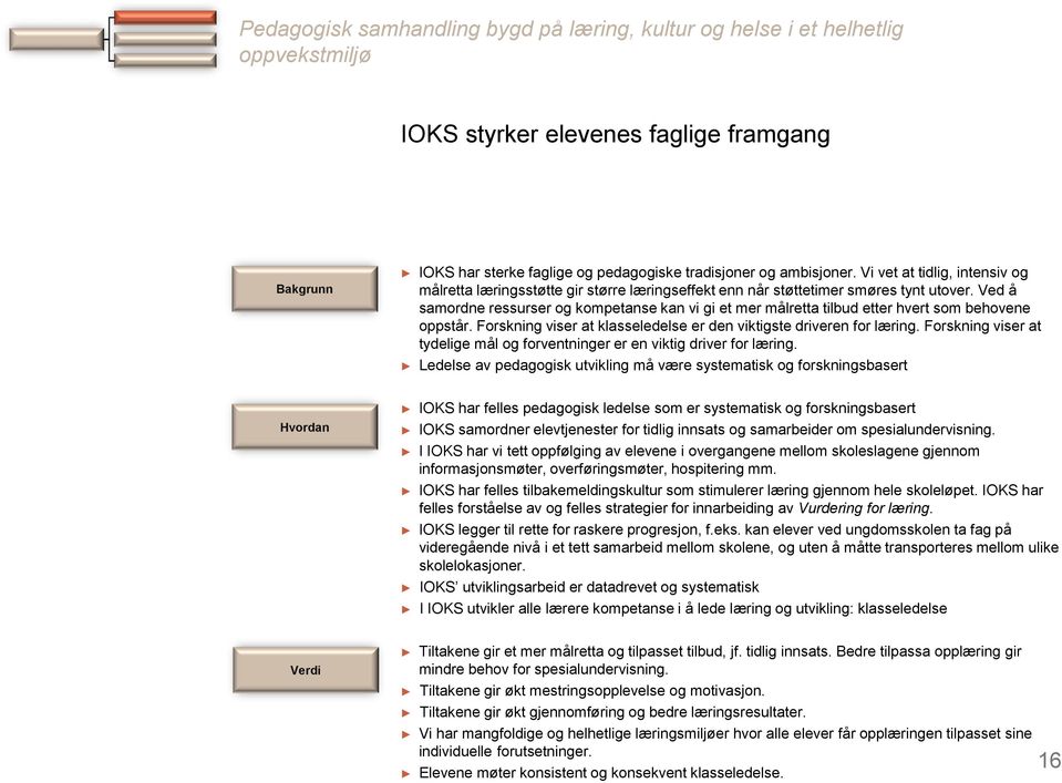 Ved å samordne ressurser og kompetanse kan vi gi et mer målretta tilbud etter hvert som behovene oppstår. Forskning viser at klasseledelse er den viktigste driveren for læring.