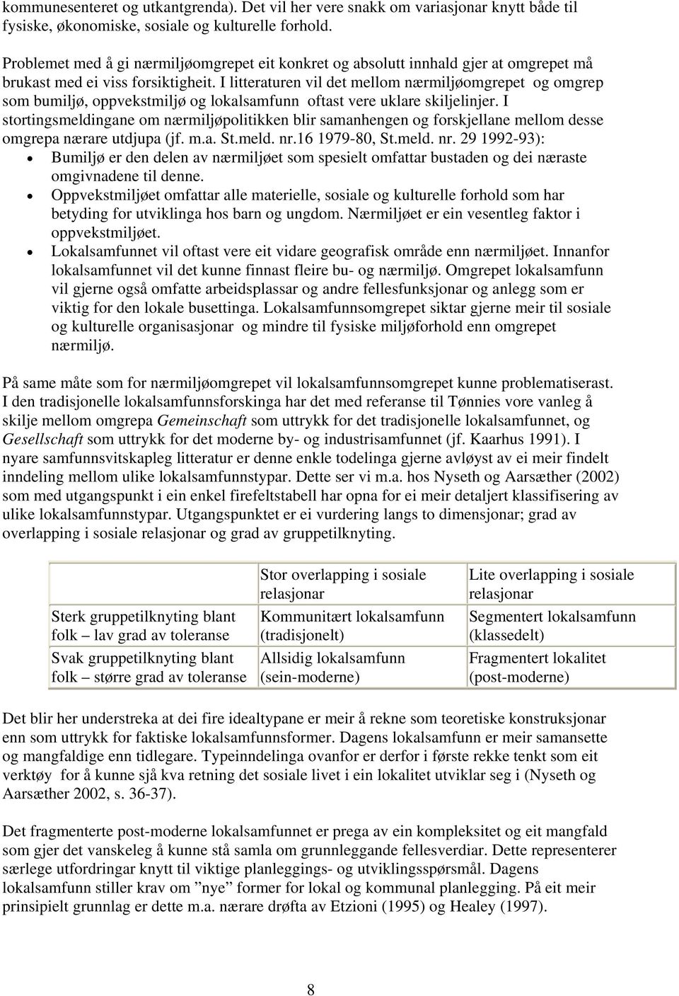 I litteraturen vil det mellom nærmiljøomgrepet og omgrep som bumiljø, oppvekstmiljø og lokalsamfunn oftast vere uklare skiljelinjer.