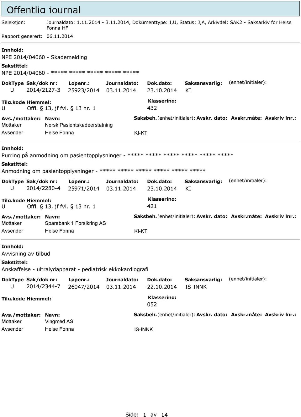 : Mottaker Norsk asientskadeerstatning K-KT urring på anmodning om pasientopplysninger - ***** ***** ***** ***** ***** ***** ***** ***** 2014/2280-4 25971/2014 23.10.2014 K Avs.