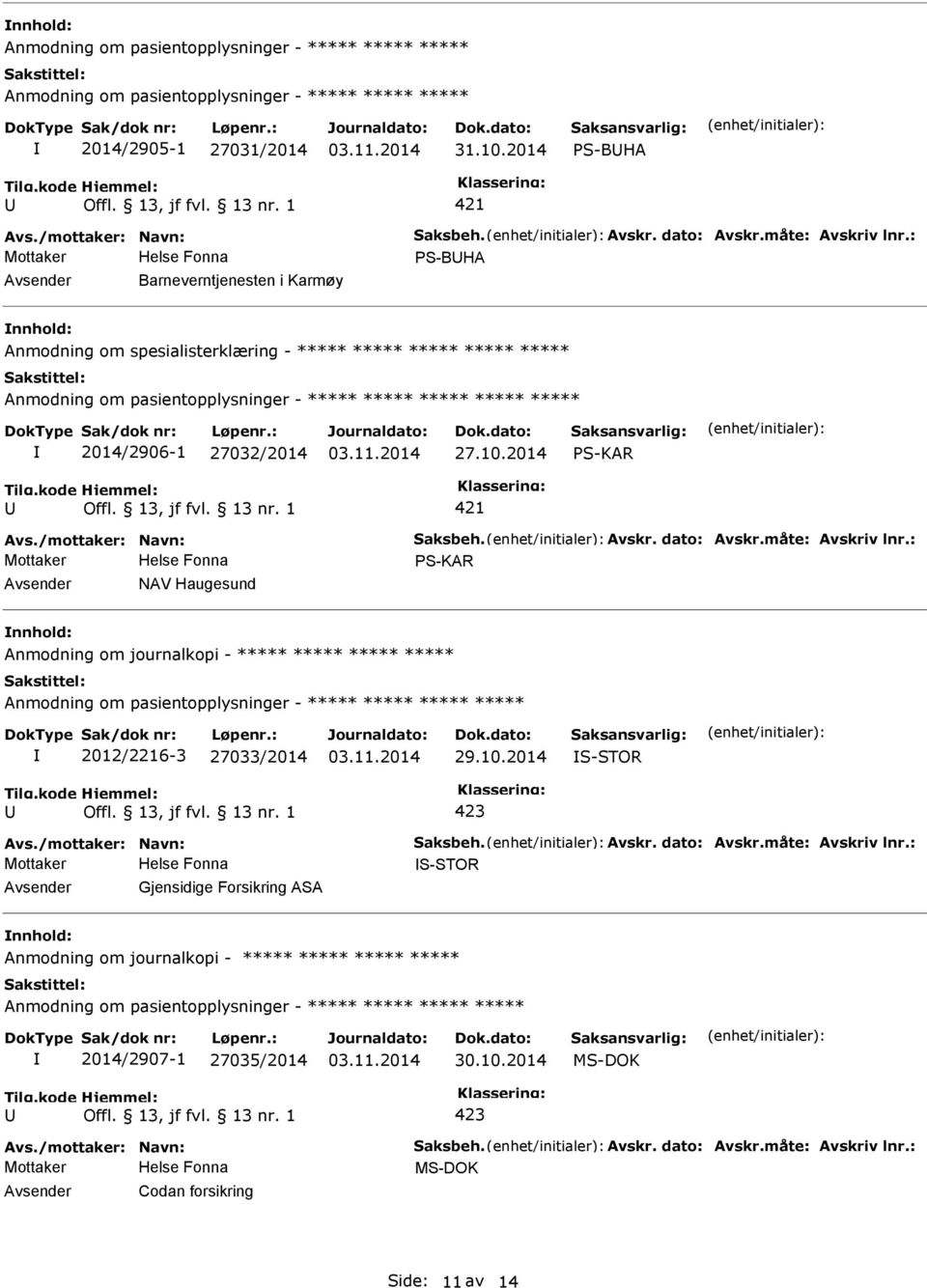 /mottaker: Navn: Saksbeh. Avskr. dato: Avskr.måte: Avskriv lnr.: Mottaker S-KAR NAV Haugesund Anmodning om journalkopi - ***** ***** ***** ***** 2012/2216-3 27033/2014 S-STOR Avs.