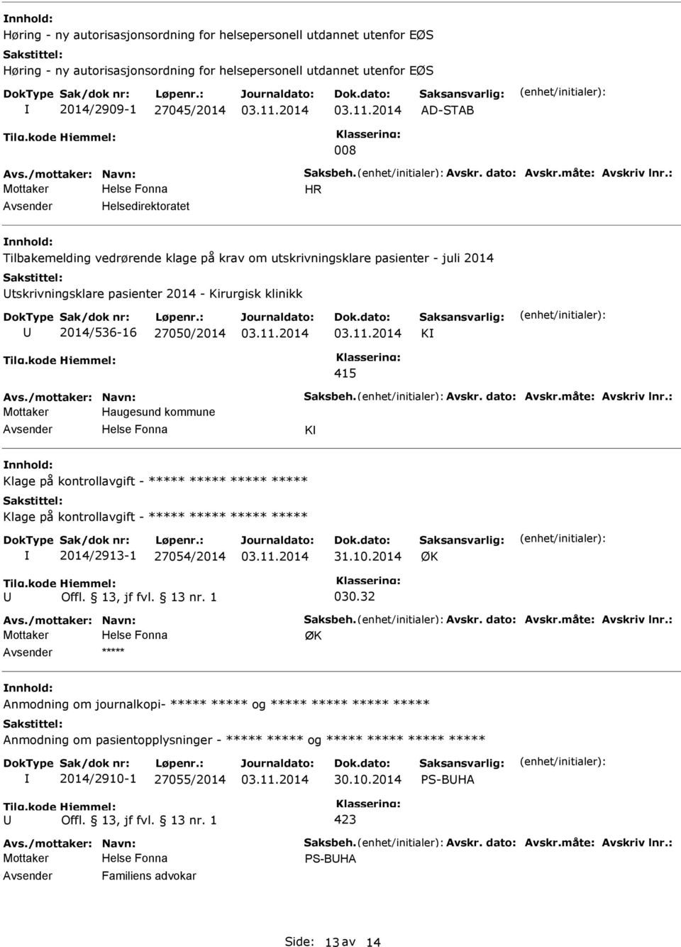 : Mottaker HR Helsedirektoratet Tilbakemelding vedrørende klage på krav om utskrivningsklare pasienter - juli 2014 tskrivningsklare pasienter 2014 - Kirurgisk klinikk 2014/536-16 27050/2014 K 415 Avs.