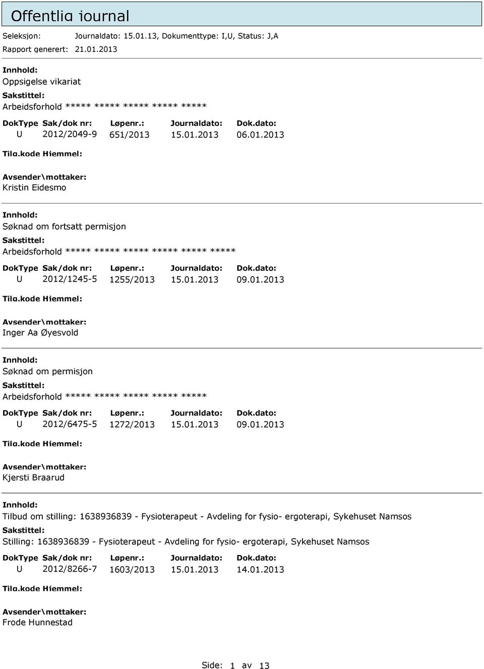 1272/2013 Kjersti Braarud Tilbud om stilling: 1638936839 - Fysioterapeut - Avdeling for fysio- ergoterapi, Sykehuset Namsos Stilling: