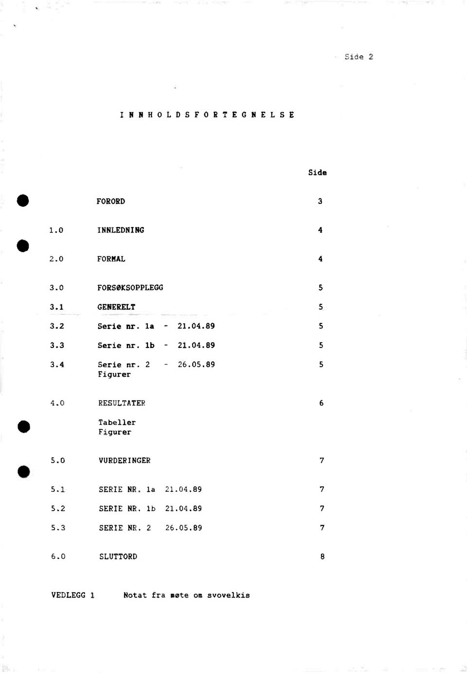 89 5 Figurer 4.0 RESULTATER 6 Tabeller Figurer 5.0 VURDERINGER 7 5.1 SERIE NR. la 21.04.89 7 5.