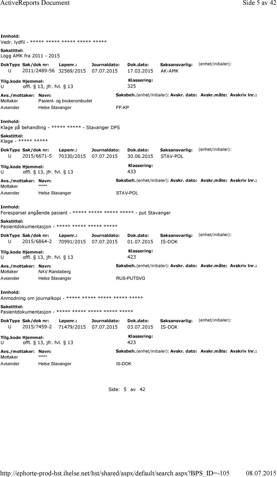 2015 STAV-POL 433 Mottaker ***** Saksbeh. Avskr. dato: Avskr.måte: Avskriv lnr.: STAV-POL Forespørsel angående pasient - ***** ***** ***** ***** - put Stavanger 2015/6864-2 70991/2015 01.07.