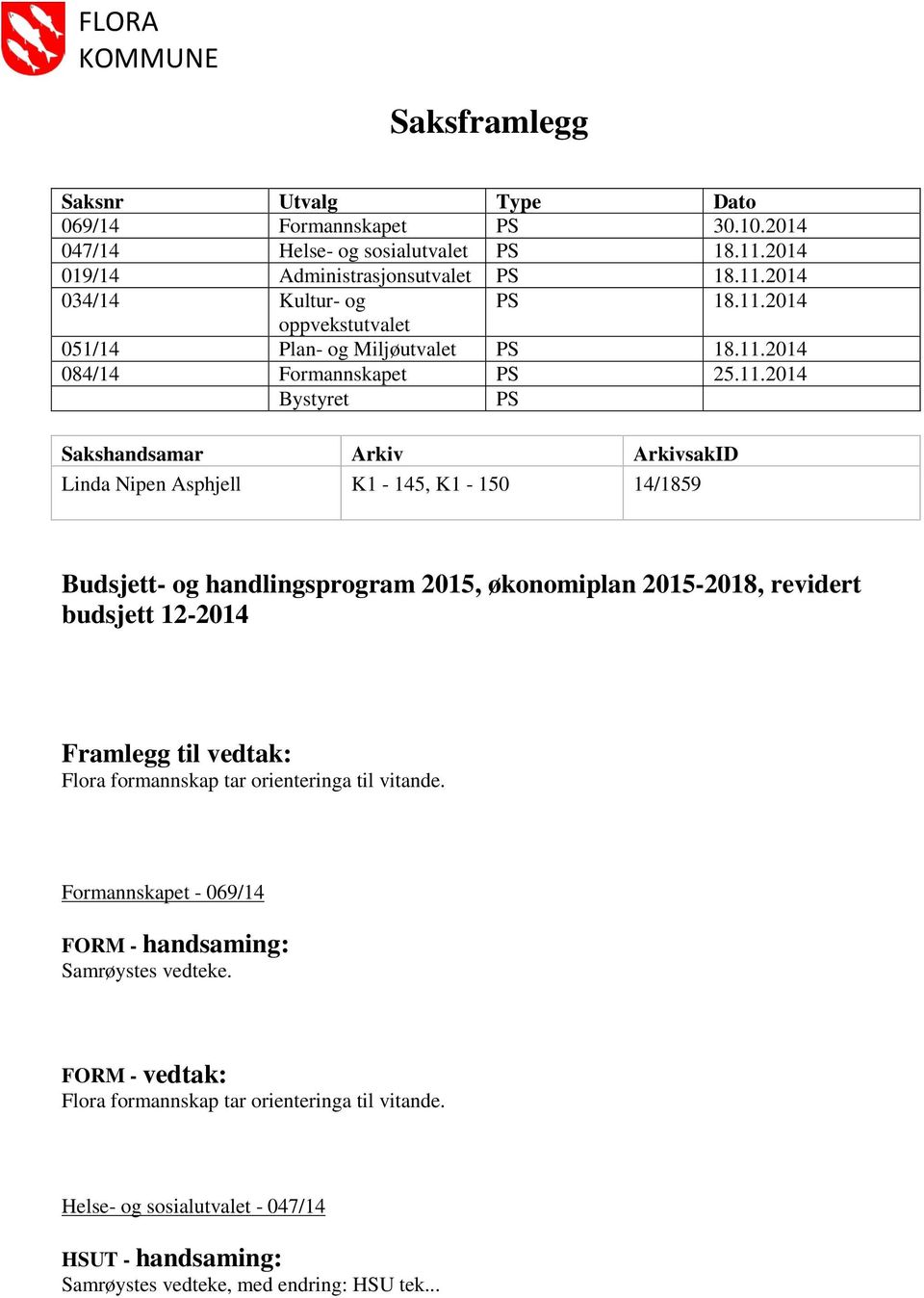14/1859 Budsjett- og handlingsprogram 2015, økonomiplan 2015-2018, revidert budsjett 12-2014 Framlegg til vedtak: Flora formannskap tar orienteringa til vitande.