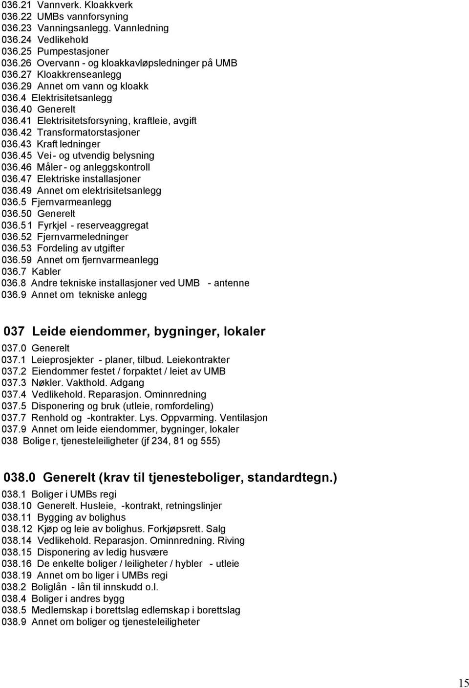 45 Vei- og utvendig belysning 036.46 Måler - og anleggskontroll 036.47 Elektriske installasjoner 036.49 Annet om elektrisitetsanlegg 036.5 Fjernvarmeanlegg 036.50 Generelt 036.