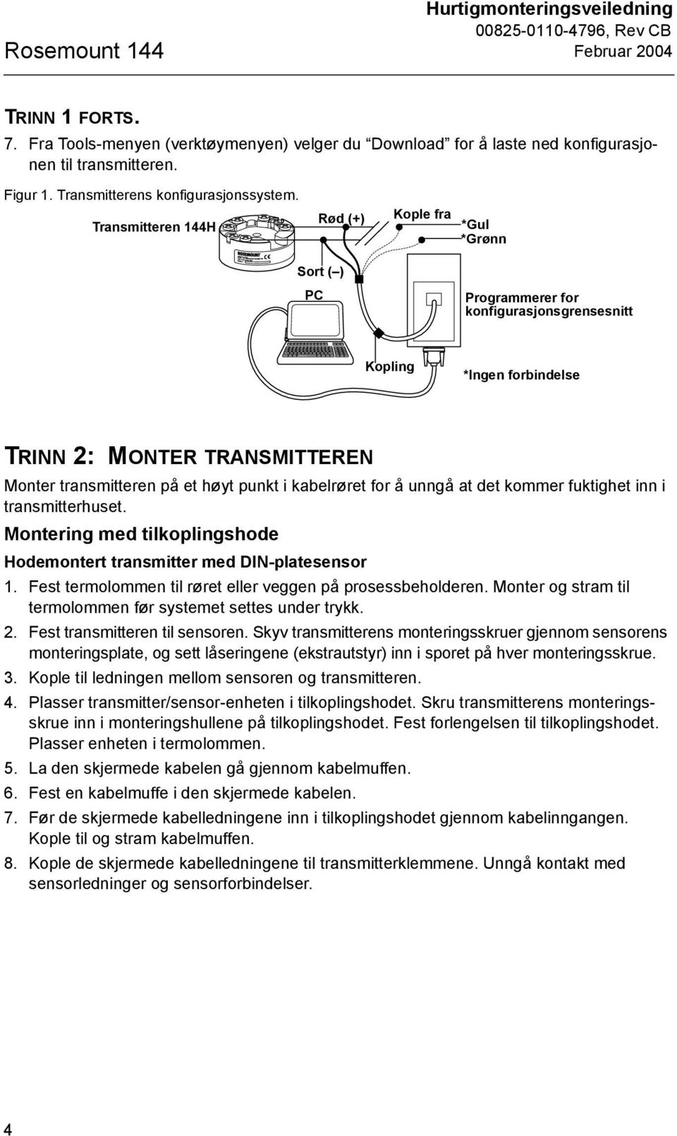 Transmitteren 144H Rød (+) Kople fra *Gul *Grønn Sort ( ) PC Programmerer for konfigurasjonsgrensesnitt Kopling *Ingen forbindelse TRINN 2: MONTER TRANSMITTEREN Monter transmitteren på et høyt punkt