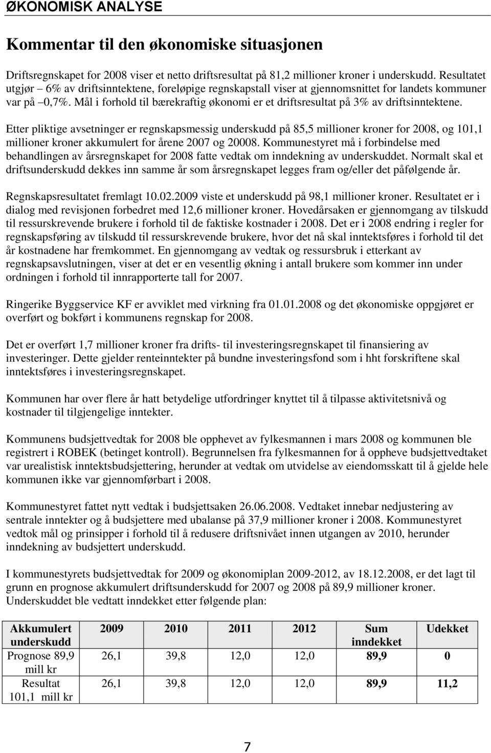 Mål i forhold til bærekraftig økonomi er et driftsresultat på 3% av driftsinntektene.