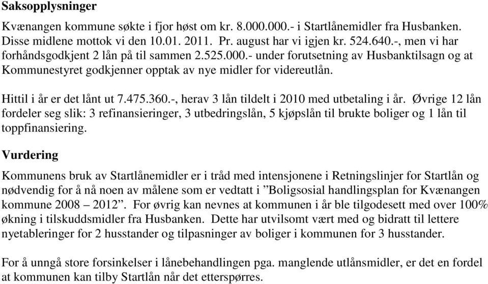 475.360.-, herav 3 lån tildelt i 2010 med utbetaling i år. Øvrige 12 lån fordeler seg slik: 3 refinansieringer, 3 utbedringslån, 5 kjøpslån til brukte boliger og 1 lån til toppfinansiering.