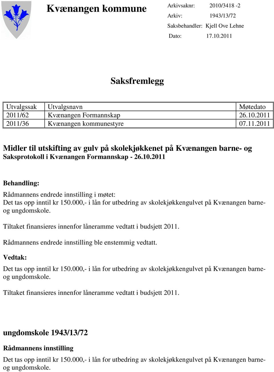 2011 Behandling: Rådmannens endrede innstilling i møtet: Det tas opp inntil kr 150.000,- i lån for utbedring av skolekjøkkengulvet på Kvænangen barneog ungdomskole.