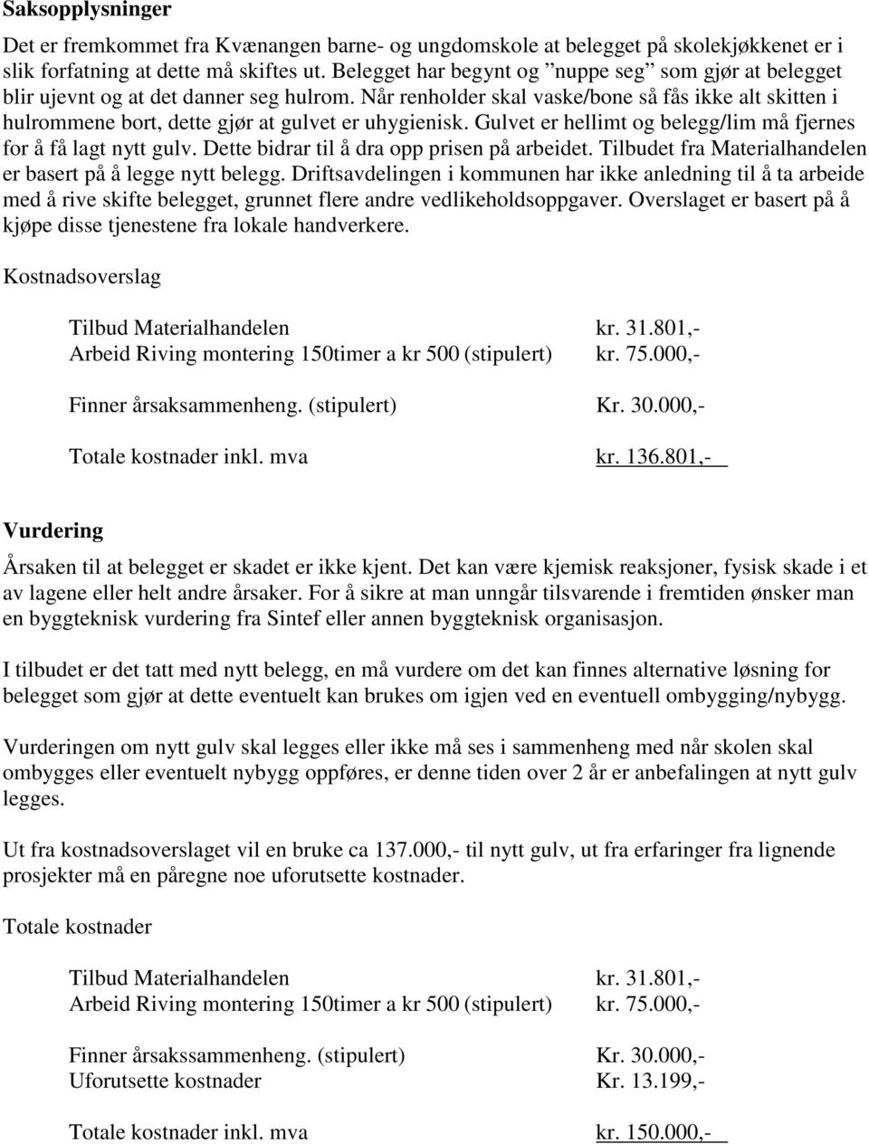 Når renholder skal vaske/bone så fås ikke alt skitten i hulrommene bort, dette gjør at gulvet er uhygienisk. Gulvet er hellimt og belegg/lim må fjernes for å få lagt nytt gulv.