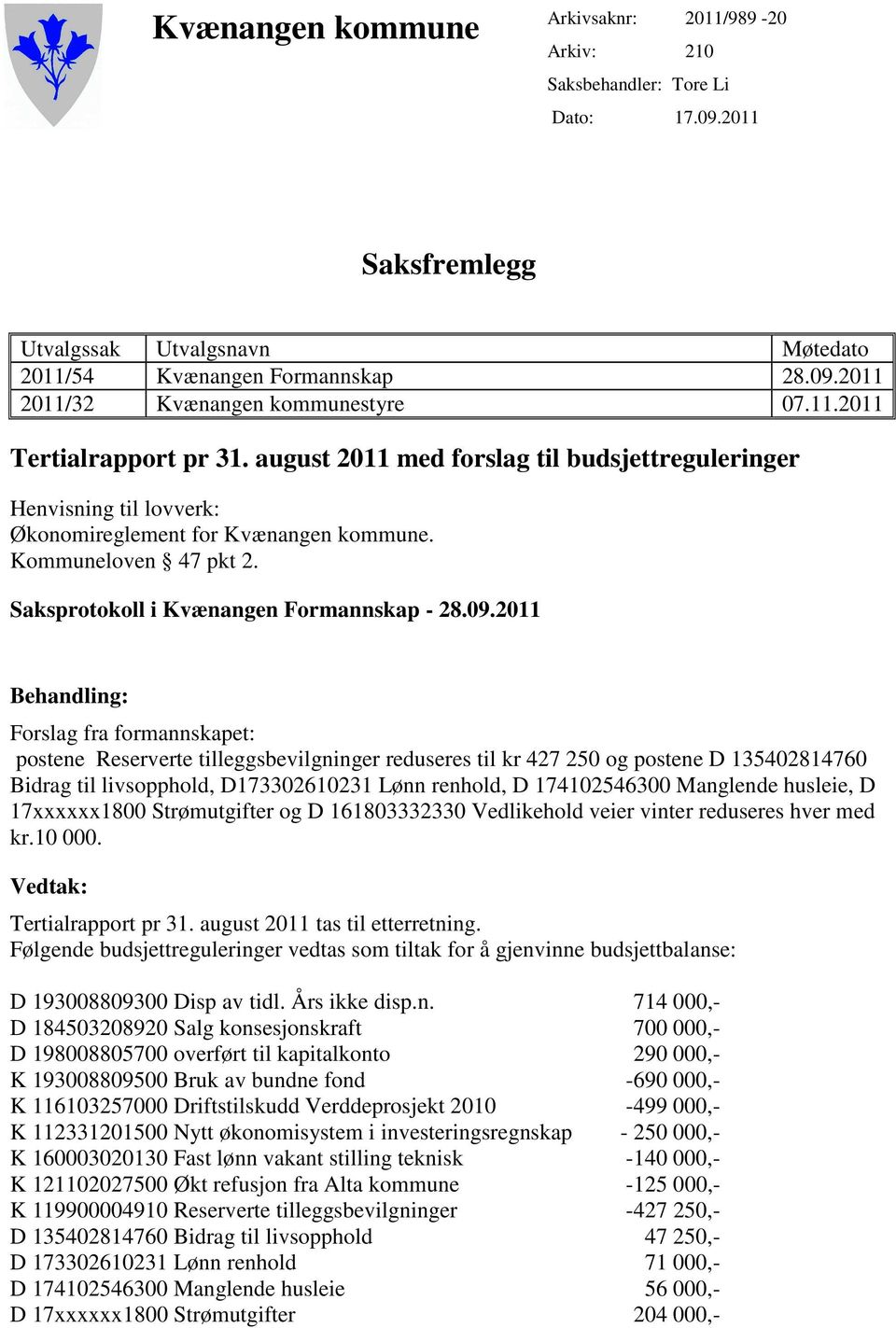 Saksprotokoll i Kvænangen Formannskap - 28.09.