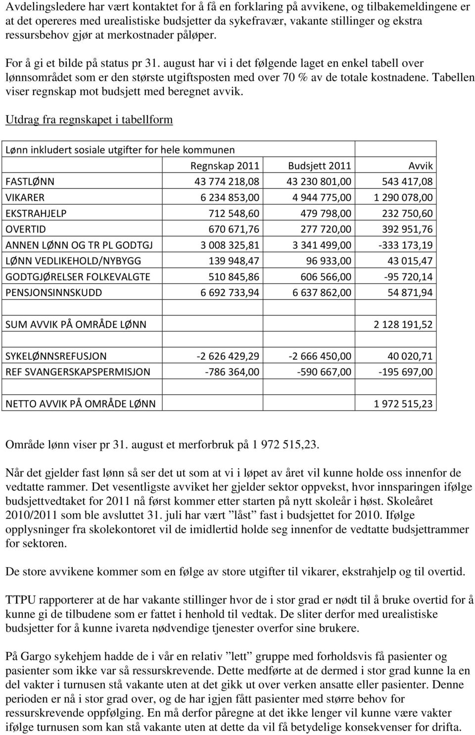 august har vi i det følgende laget en enkel tabell over lønnsområdet som er den største utgiftsposten med over 70 % av de totale kostnadene. Tabellen viser regnskap mot budsjett med beregnet avvik.