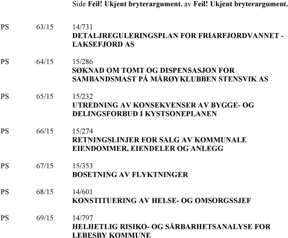 PS 63/15 14/731 DETALJREGULERINGSPLAN FOR FRIARFJORDVANNET - LAKSEFJORD AS PS 64/15 15/286 SØKNAD OM TOMT OG DISPENSASJON FOR SAMBANDSMAST PÅ