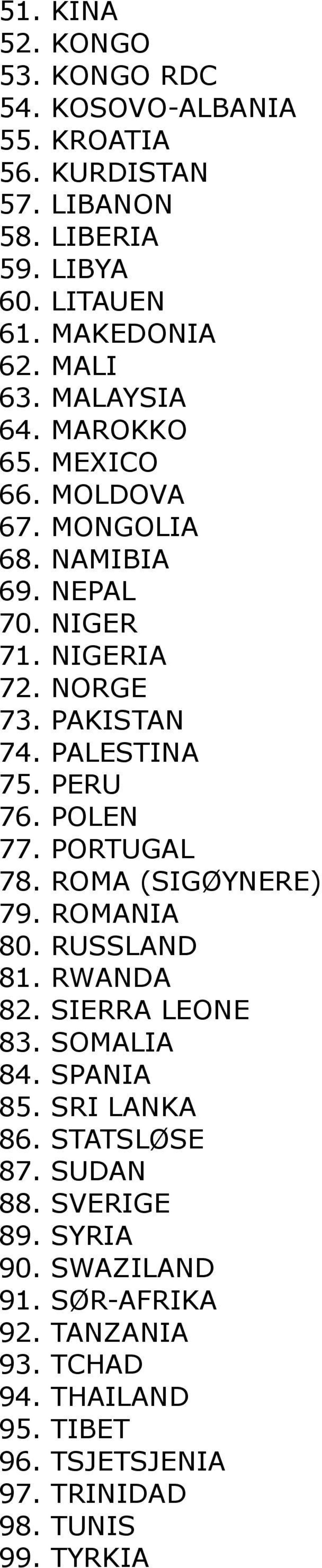 POLEN 77. PORTUGAL 78. ROMA (SIGØYNERE) 79. ROMANIA 80. RUSSLAND 81. RWANDA 82. SIERRA LEONE 83. SOMALIA 84. SPANIA 85. SRI LANKA 86. STATSLØSE 87.
