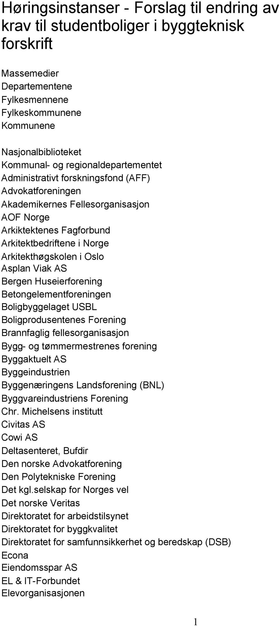 Asplan Viak AS Bergen Huseierforening Betongelementforeningen Boligbyggelaget USBL Boligprodusentenes Forening Brannfaglig fellesorganisasjon Bygg- og tømmermestrenes forening Byggaktuelt AS