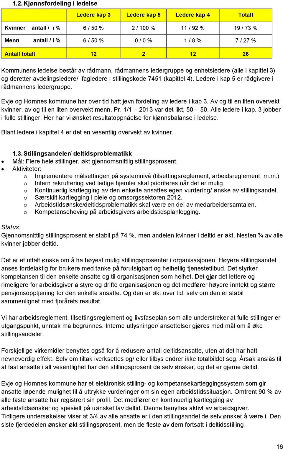 Ledere i kap 5 er rådgivere i rådmannens ledergruppe. Evje og Hornnes kommune har over tid hatt jevn fordeling av ledere i kap 3. Av og til en liten overvekt kvinner, av og til en liten overvekt menn.