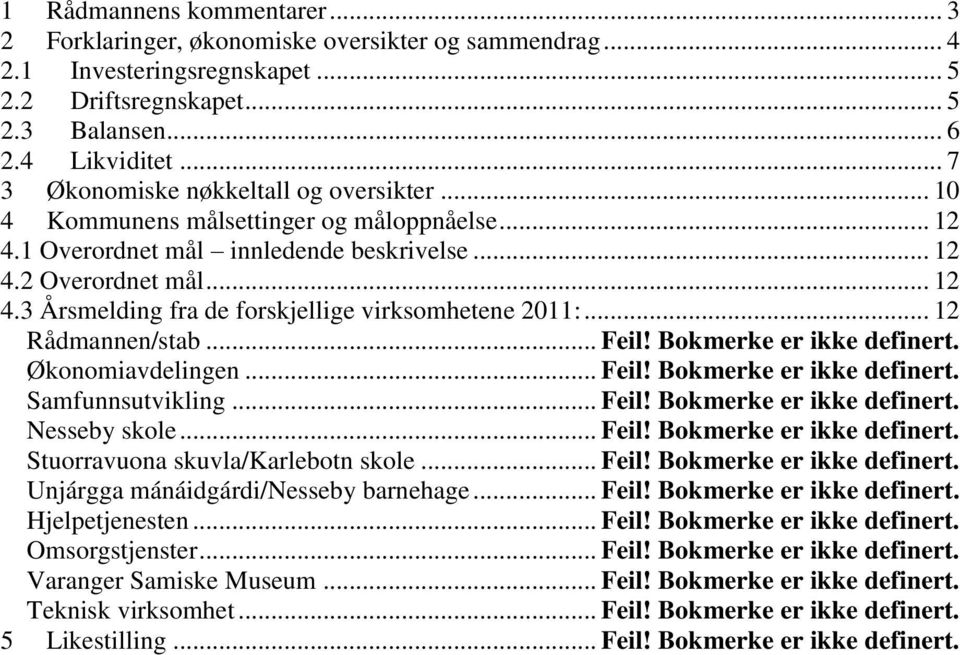 .. 12 Rådmannen/stab... Feil! Bokmerke er ikke definert. Økonomiavdelingen... Feil! Bokmerke er ikke definert. Samfunnsutvikling... Feil! Bokmerke er ikke definert. Nesseby skole... Feil! Bokmerke er ikke definert. Stuorravuona skuvla/karlebotn skole.