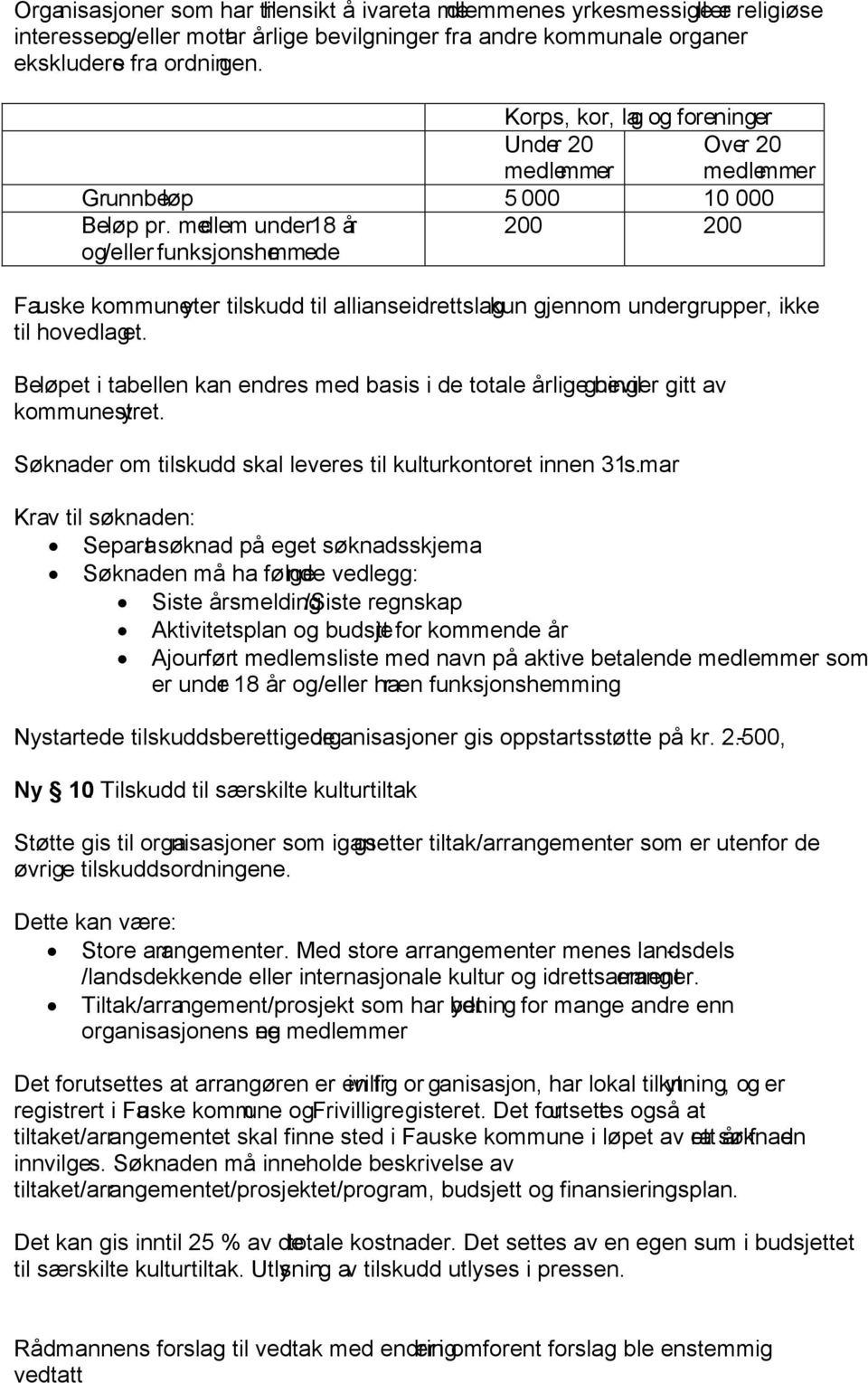 medlem under18 år og/eller funksjonshe mmede Korps, kor, lag og foreninger Under 20 Over 20 medlemmer medlemmer 5 000 10 000 200 200 Fauske kommuneyter tilskudd til allianseidrettslag kun gjennom