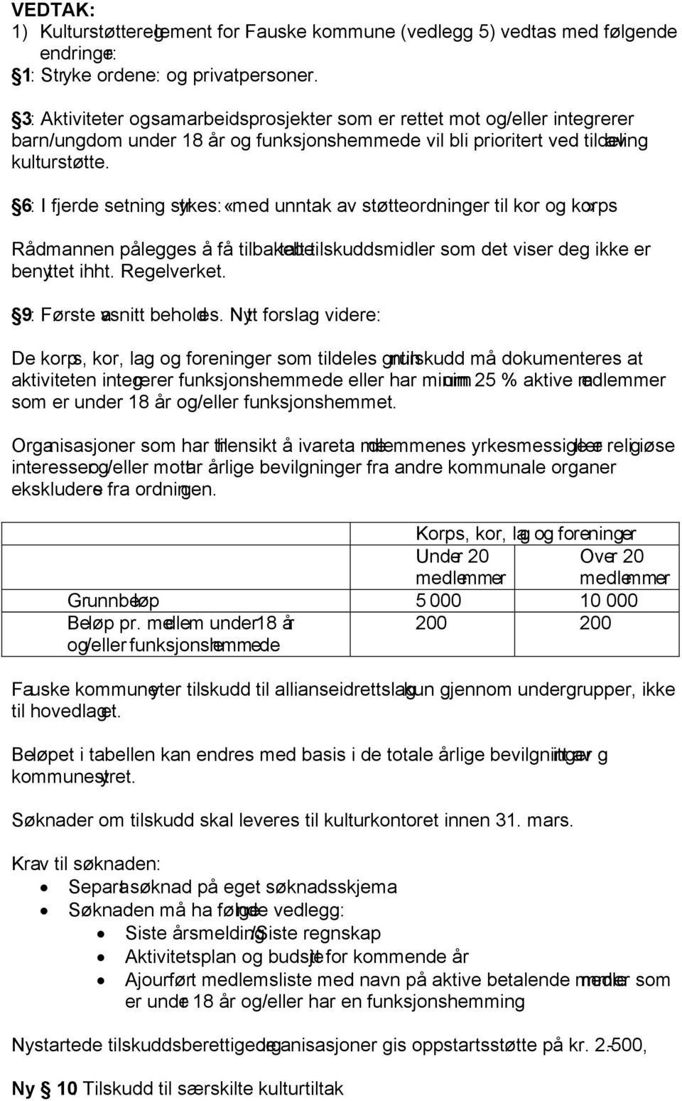 6: I fjerde setning str ykes: «med unntak av støtteordninger til kor og korps» Rådmannen pålegges å få tilbakebe talt tilskuddsmidler som det viser deg ikke er benyttet ihht. Regelverket.