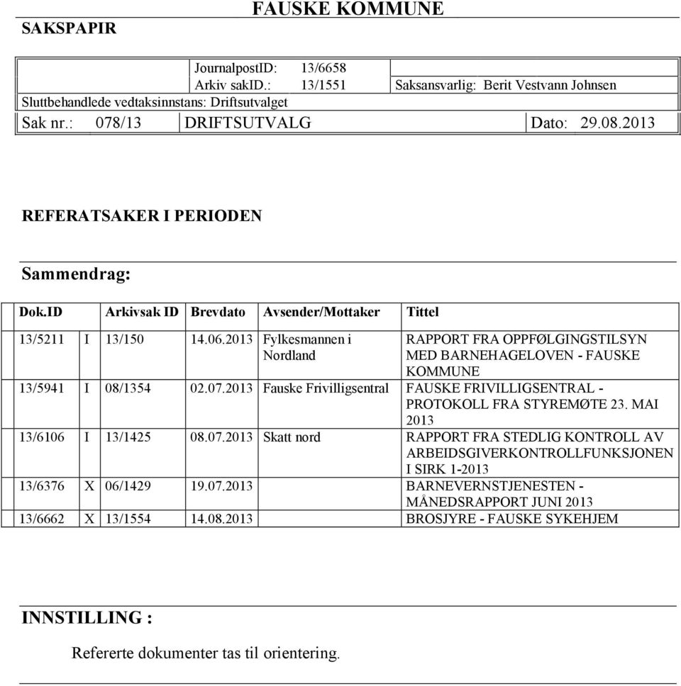 2013 Fauske Frivilligsentral 13/6106 I 13/1425 08.07.2013 Skatt nord 13/6376 X 06/1429 19.07.2013 13/6662 X 13/1554 14.08.2013 INNSTILLING : Refererte dokumenter tas til orientering.