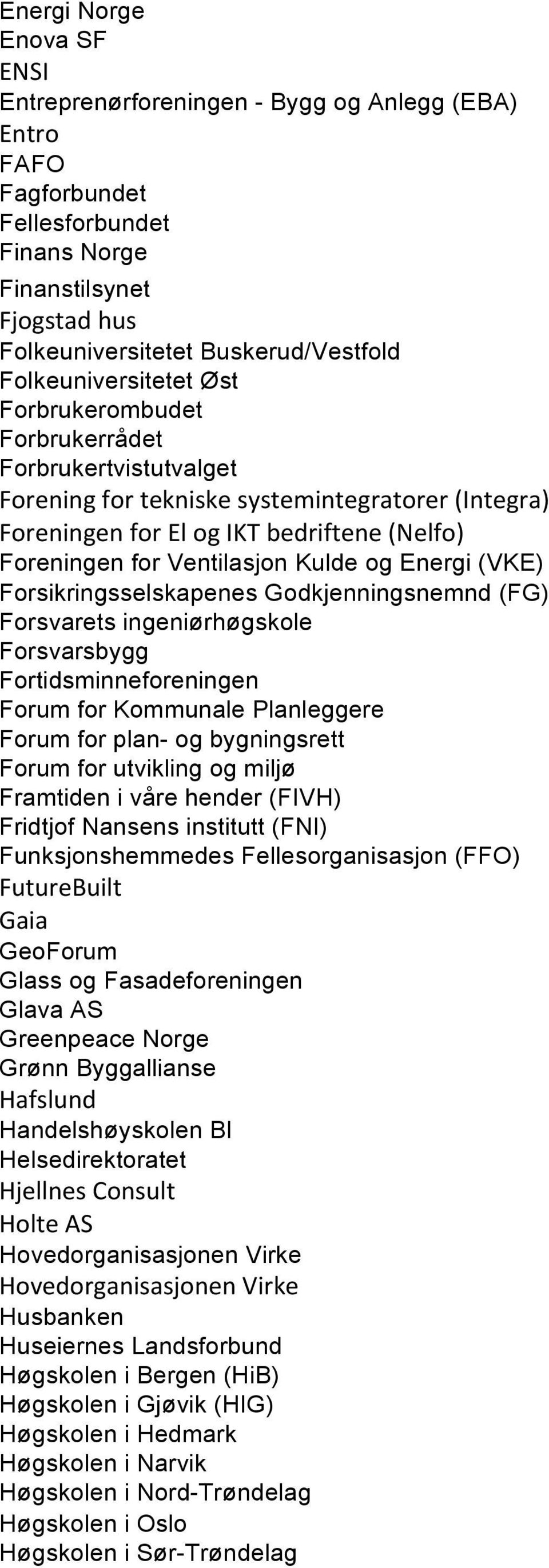 Kulde og Energi (VKE) Forsikringsselskapenes Godkjenningsnemnd (FG) Forsvarets ingeniørhøgskole Forsvarsbygg Fortidsminneforeningen Forum for Kommunale Planleggere Forum for plan- og bygningsrett