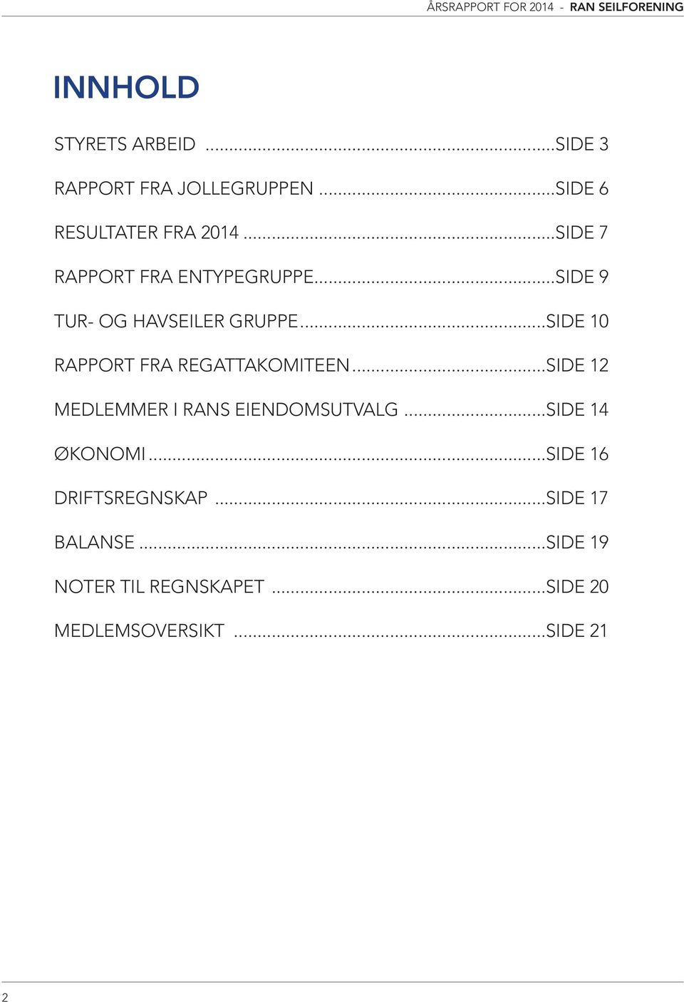 ..SIDE 10 RAPPORT FRA REGATTAKOMITEEN...SIDE 12 MEDLEMMER I RANS EIENDOMSUTVALG.