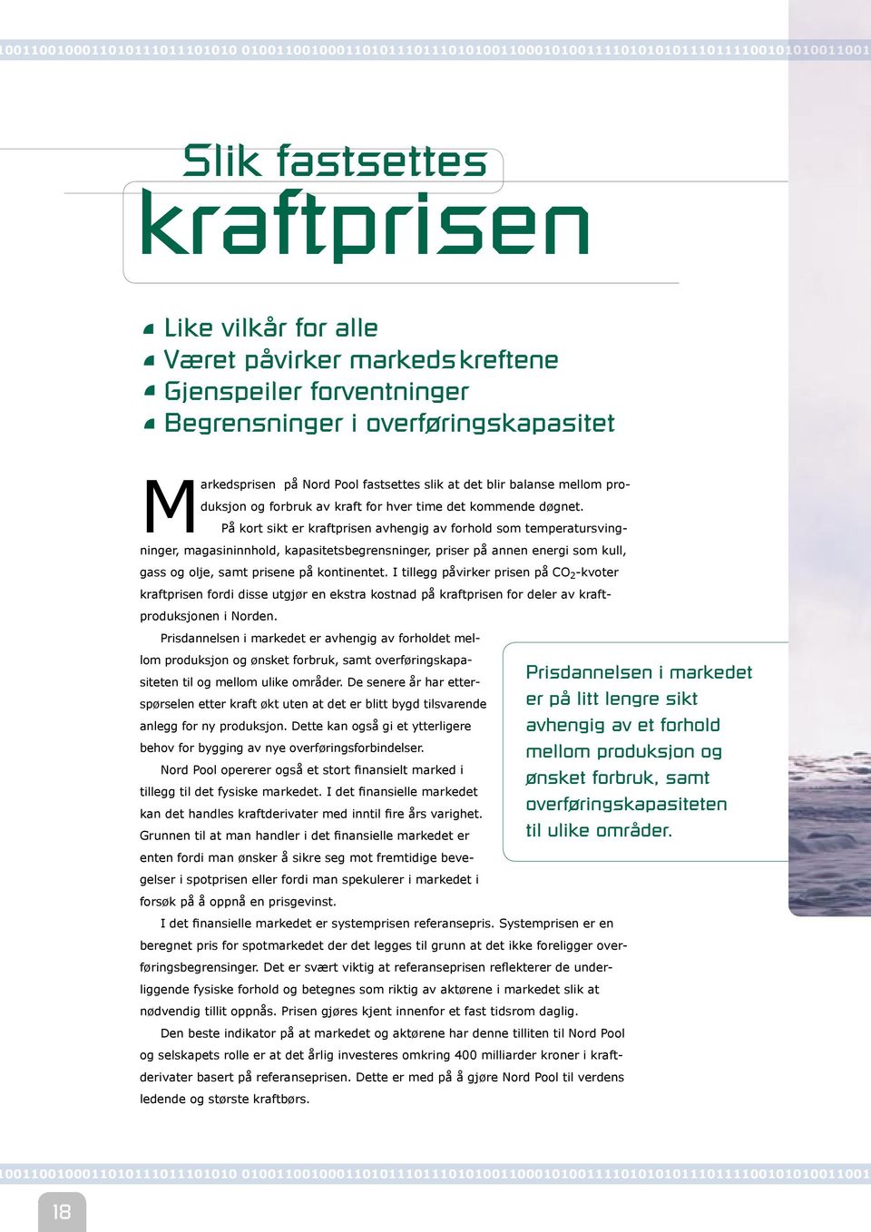 På kort sikt er kraftprisen avhengig av forhold som temperatursvingninger, magasininnhold, kapasitetsbegrensninger, priser på annen energi som kull, gass og olje, samt prisene på kontinentet.