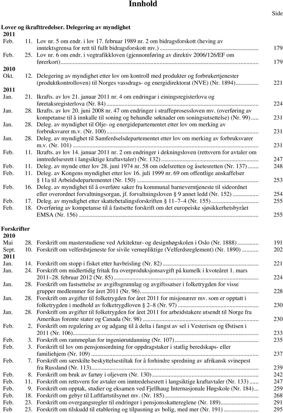 .. 179 2010 Okt. 2011 Jan. 12. Delegering av myndighet etter lov om kontroll med produkter og forbrukertjenester (produktkontrolloven) til Norges vassdrags- og energidirektorat (NVE) (Nr. 1894).