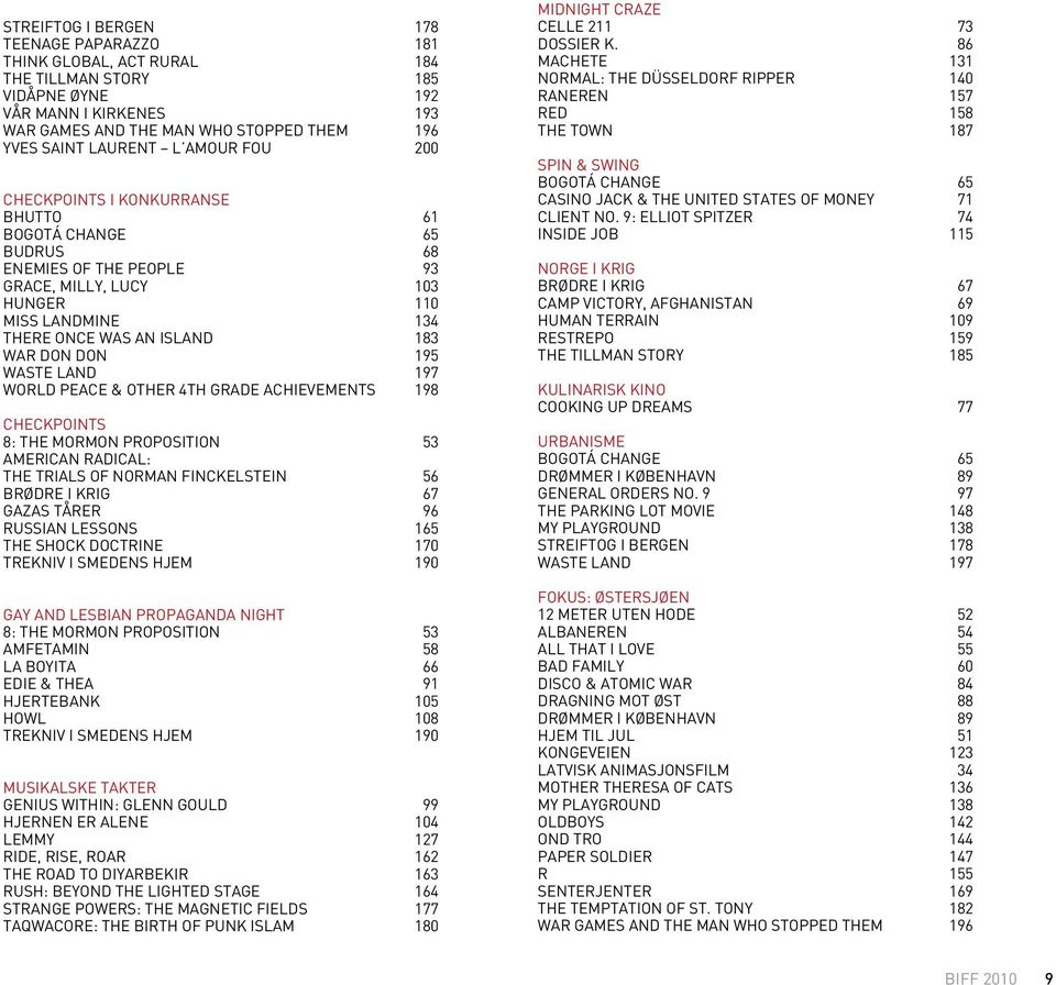 WASTE LAND 197 WORLD PEACE & OTHER 4TH GRADE ACHIEVEMENTS 198 CHECKPOINTS 8: THE MORMON PROPOSITION 53 AMERICAN RADICAL: THE TRIALS OF NORMAN FINCKELSTEIN 56 BRØDRE I KRIG 67 GAZAS TÅRER 96 RUSSIAN