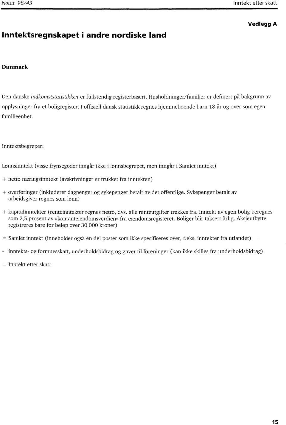 Inntektsbegreper: Lønnsinntekt (visse frynsegoder inngår ikke i lønnsbegrepet, men inngår i Samlet inntekt) + netto næringsinntekt (avskrivninger er trukket fra inntekten) + overføringer (inkluderer