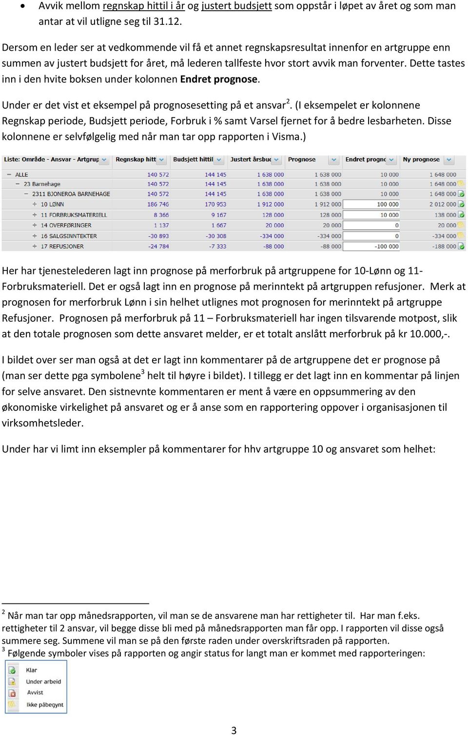 Dette tastes inn i den hvite boksen under kolonnen Endret prognose. Under er det vist et eksempel på prognosesetting på et ansvar 2.