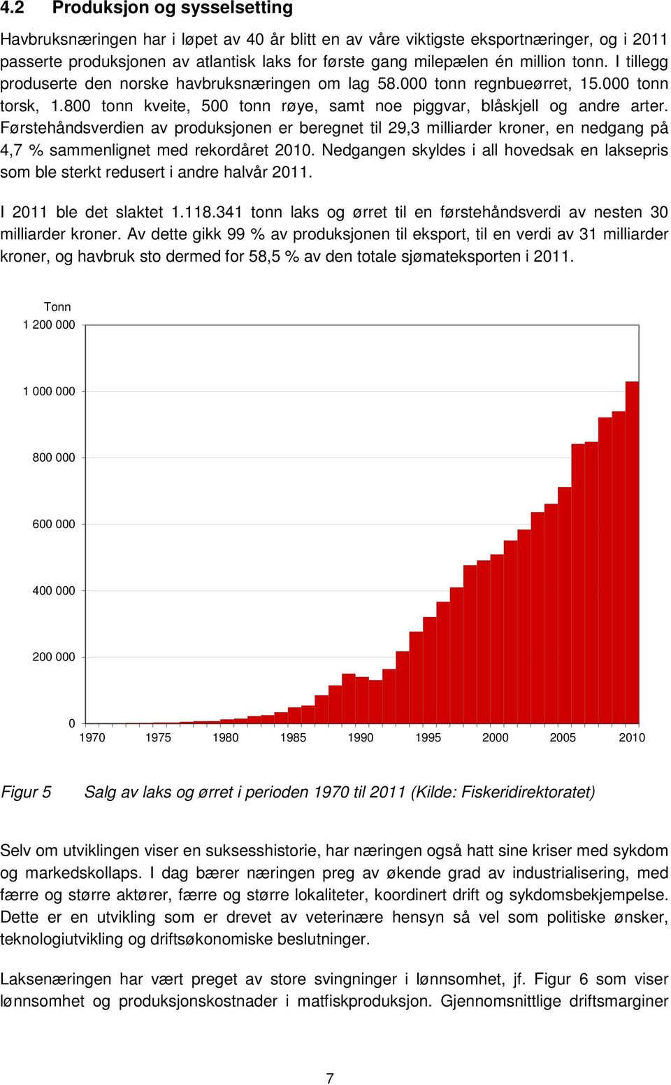 Førstehåndsverdien av produksjonen er beregnet til 29,3 milliarder kroner, en nedgang på 4,7 % sammenlignet med rekordåret 2010.