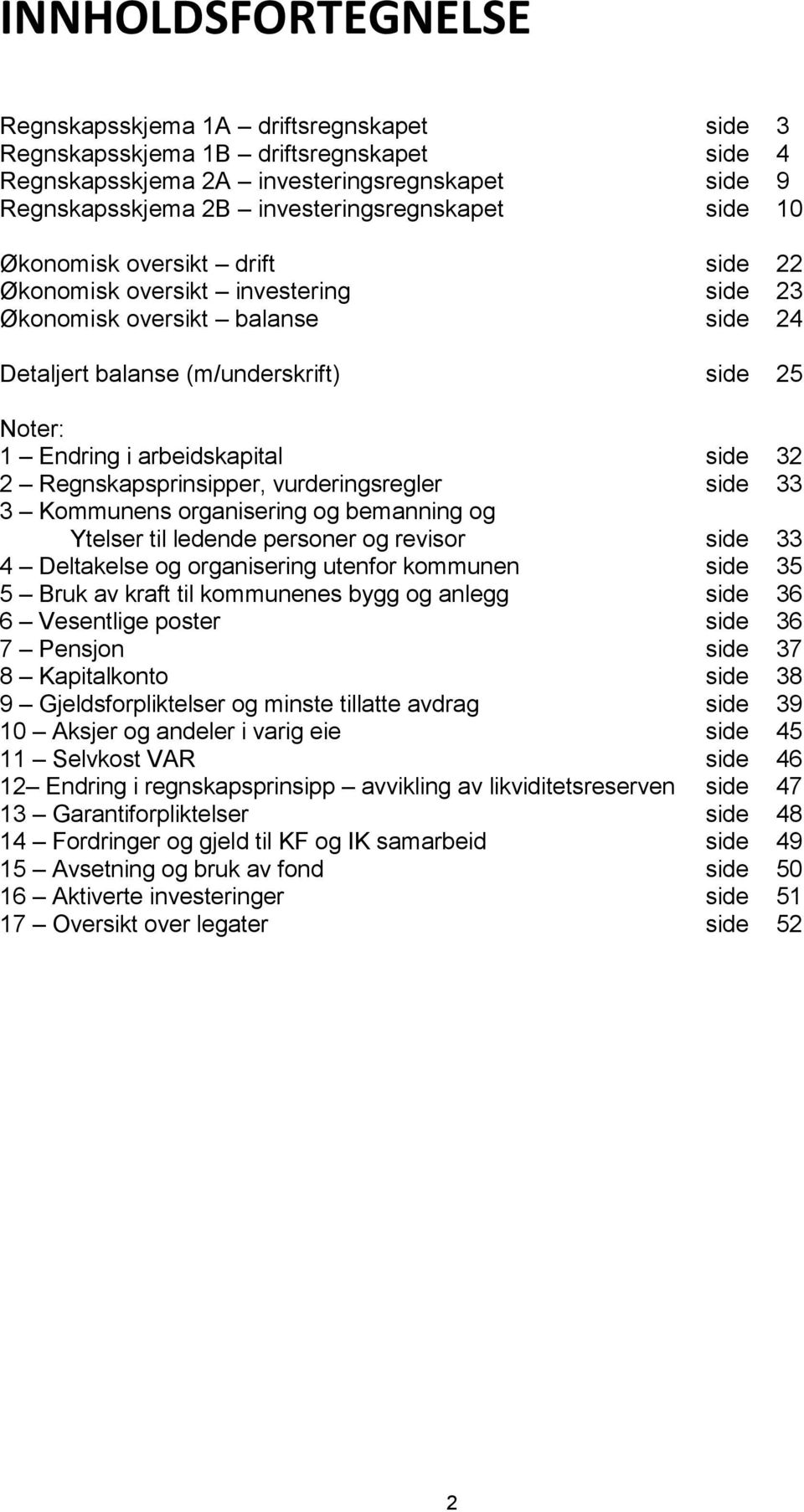 2 Regnskapsprinsipper, vurderingsregler side 33 3 Kommunens organisering og bemanning og Ytelser til ledende personer og revisor side 33 4 Deltakelse og organisering utenfor kommunen side 35 5 Bruk