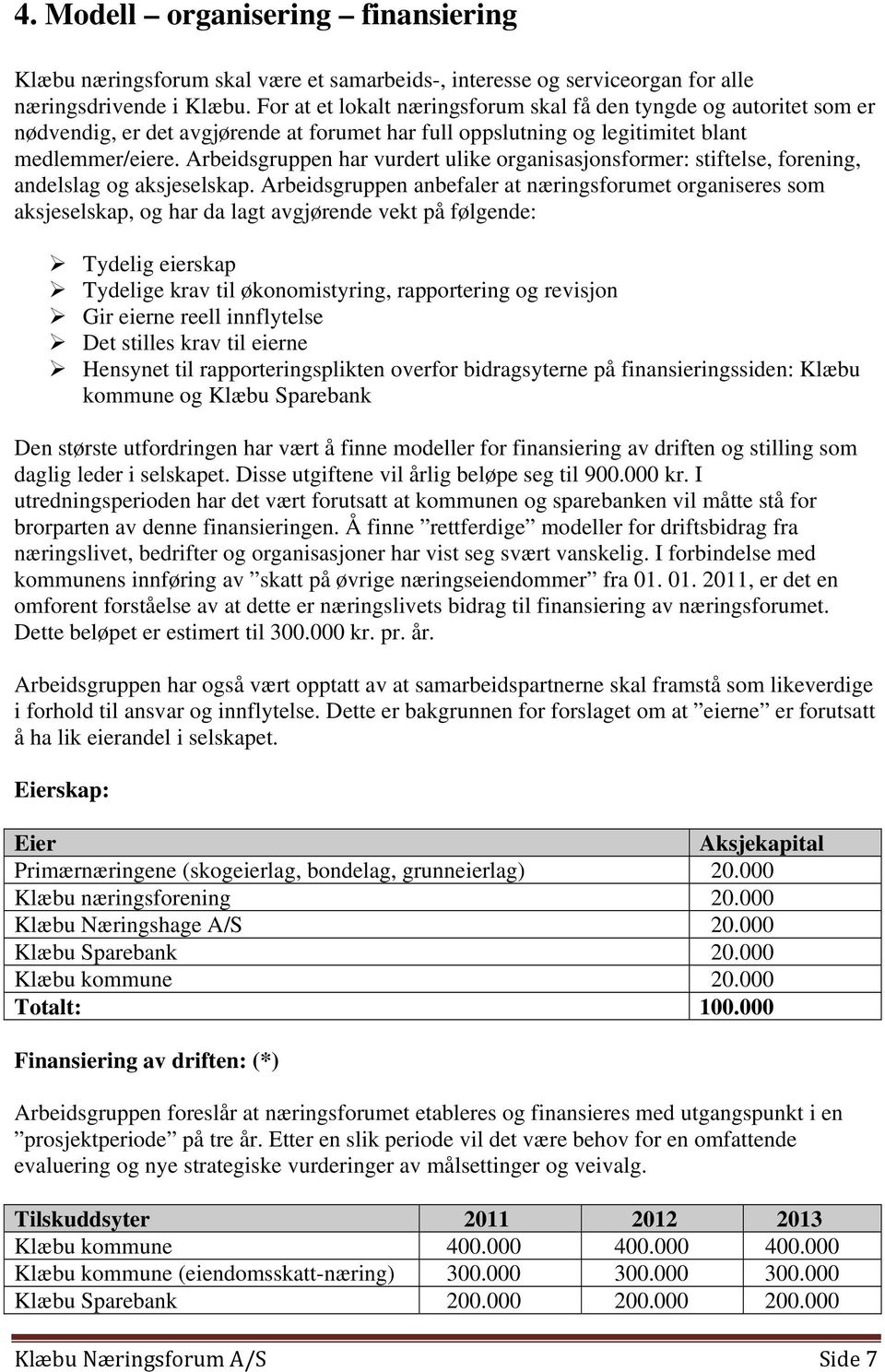 Arbeidsgruppen har vurdert ulike organisasjonsformer: stiftelse, forening, andelslag og aksjeselskap.