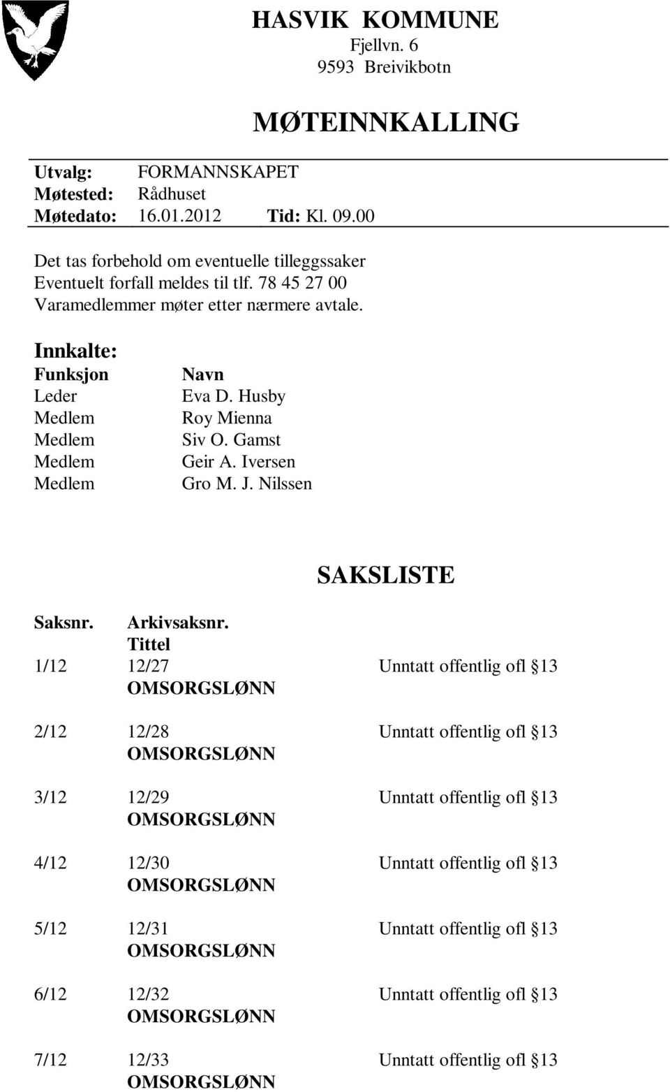 MØTEINNKALLING Innkalte: Funksjon Leder Medlem Medlem Medlem Medlem Navn Eva D. Husby Roy Mienna Siv O. Gamst Geir A. Iversen Gro M. J. Nilssen SAKSLISTE Saksnr.