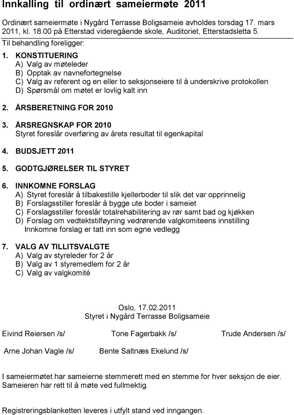 ÅRSBERETNING FOR 2010 3. ÅRSREGNSKAP FOR 2010 Styret foreslår overføring av årets resultat til egenkapital 4. BUDSJETT 2011 5. GODTGJØRELSER TIL STYRET 6.