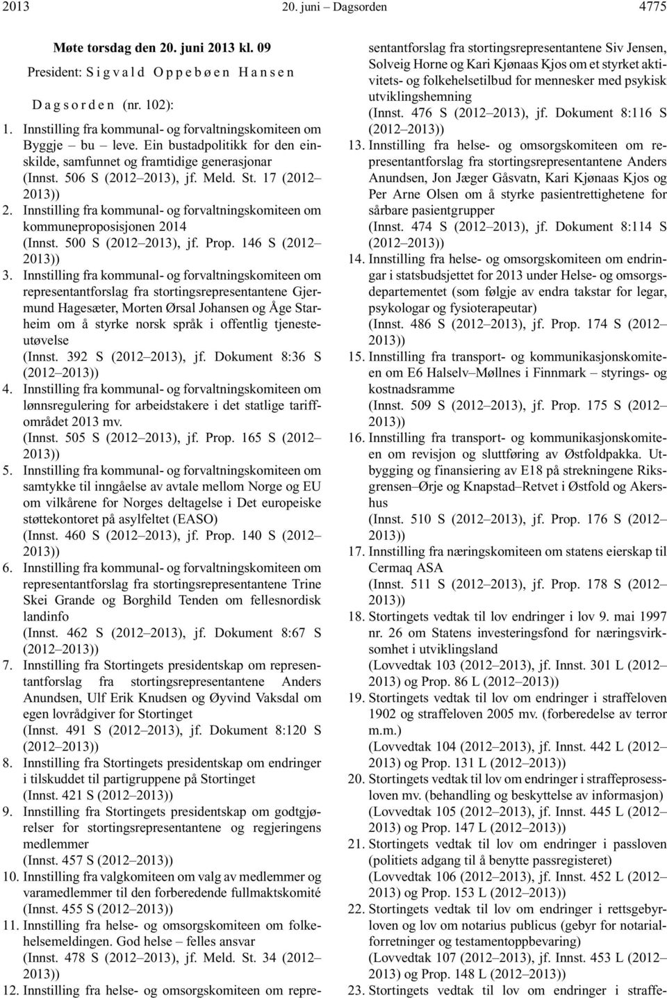 17 (2012 2013)) 2. Innstilling fra kommunal- og forvaltningskomiteen om kommuneproposisjonen 2014 (Innst. 500 S (2012 2013), jf. Prop. 146 S (2012 2013)) 3.