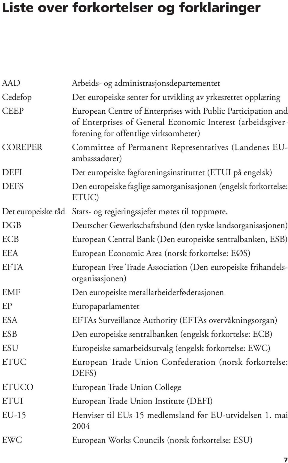 Det europeiske fagforeningsinstituttet (ETUI på engelsk) DEFS Den europeiske faglige samorganisasjonen (engelsk forkortelse: ETUC) Det europeiske råd Stats- og regjeringssjefer møtes til toppmøte.