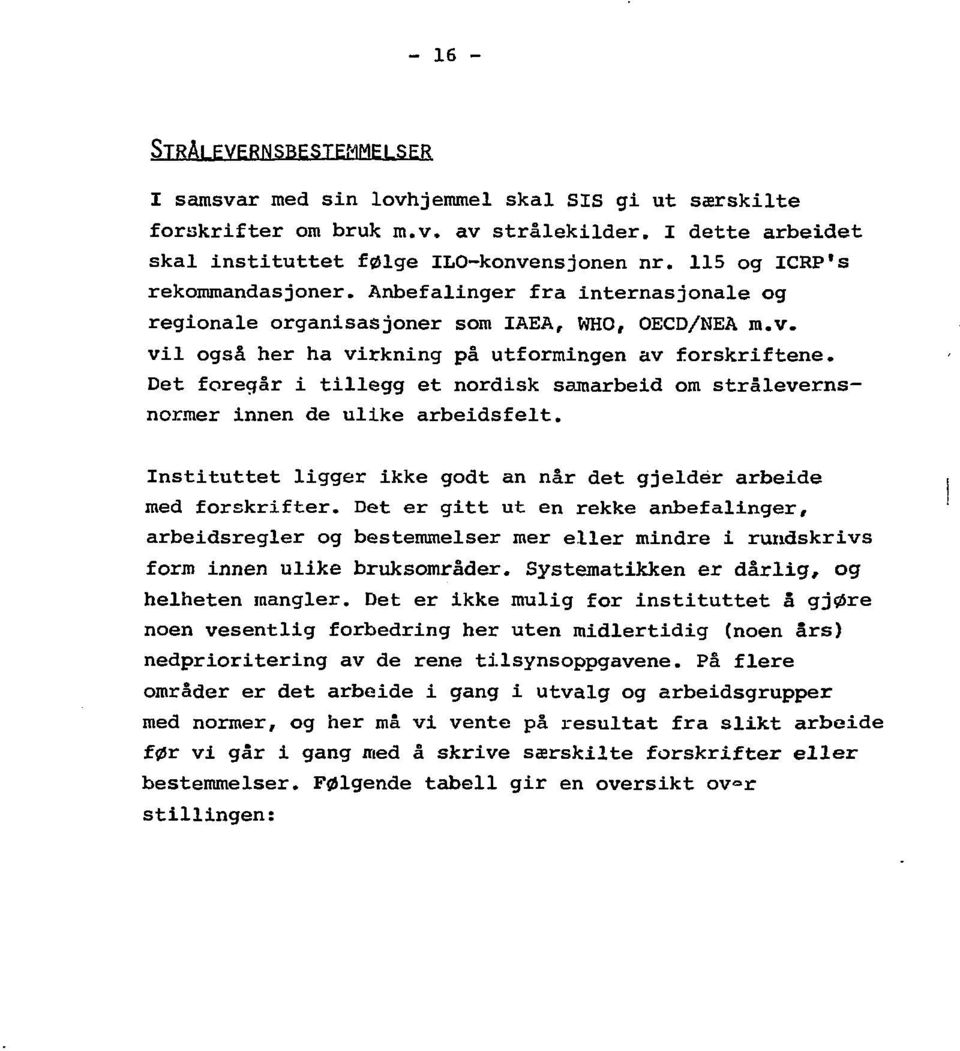 Det foregår i tillegg et nordisk samarbeid om strålevernsnormer innen de ulike arbeidsfelt. Instituttet ligger ikke godt an når det gjelder arbeide med forskrifter.