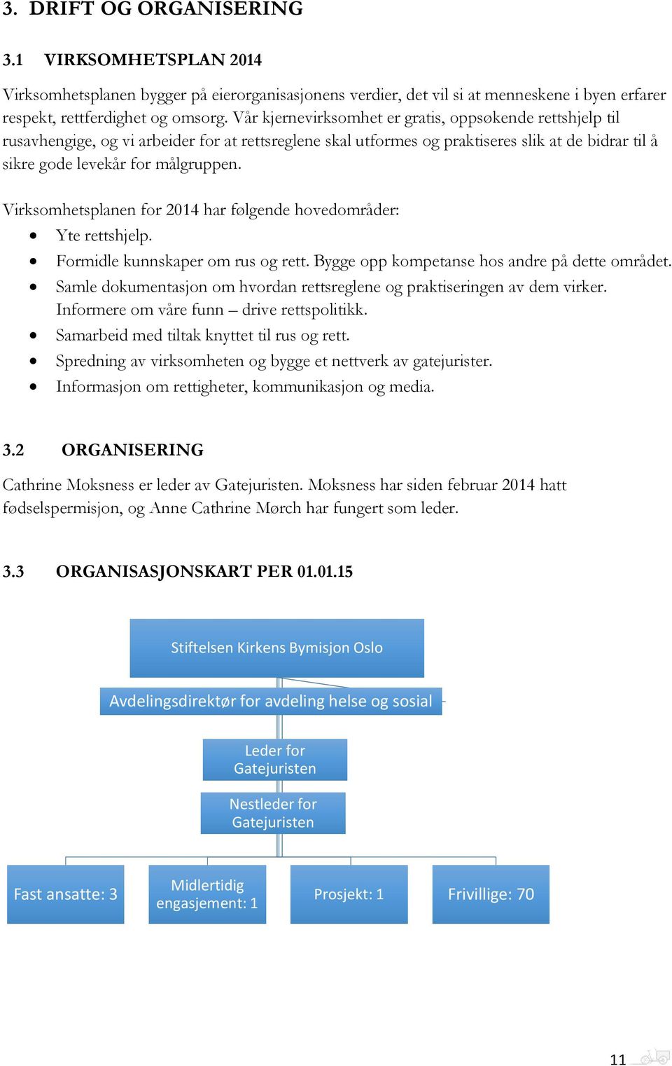 Virksomhetsplanen for 2014 har følgende hovedområder: Yte rettshjelp. Formidle kunnskaper om rus og rett. Bygge opp kompetanse hos andre på dette området.