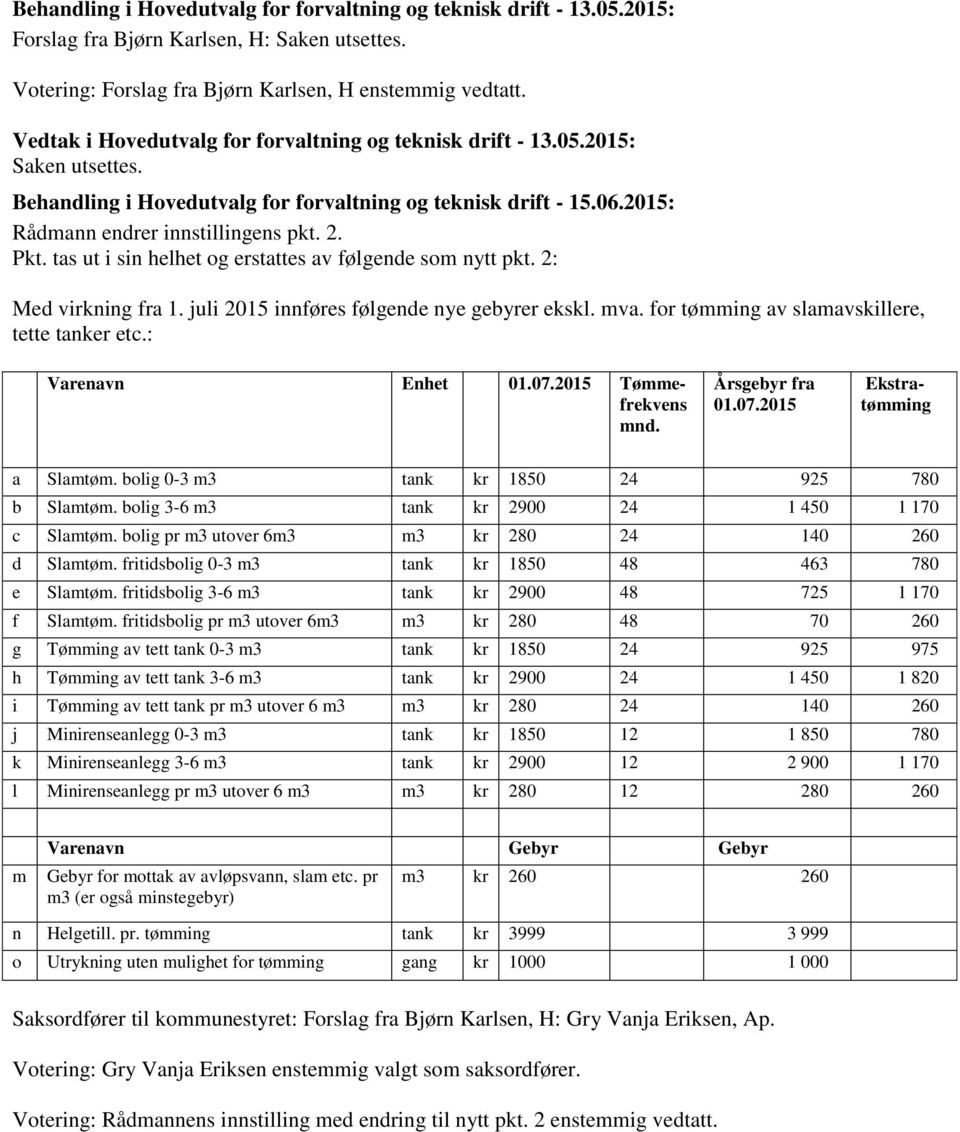 tas ut i sin helhet og erstattes av følgende som nytt pkt. 2: Med virkning fra 1. juli 2015 innføres følgende nye gebyrer ekskl. mva. for tømming av slamavskillere, tette tanker etc.