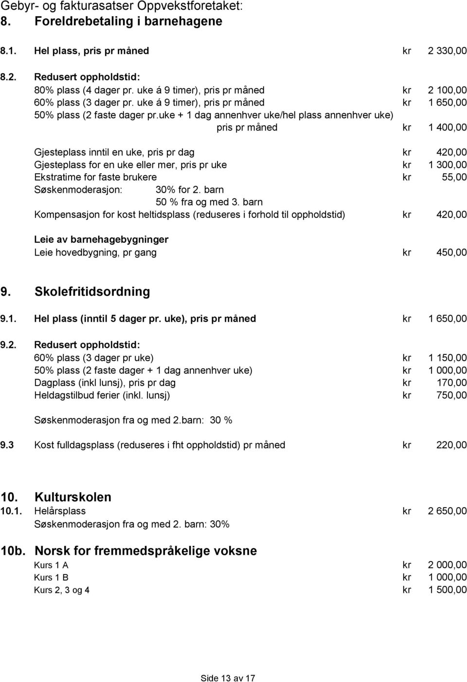 uke + 1 dag annenhver uke/hel plass annenhver uke) pris pr måned 1 400,00 Gjesteplass inntil en uke, pris pr dag Gjesteplass for en uke eller mer, pris pr uke Ekstratime for faste brukere