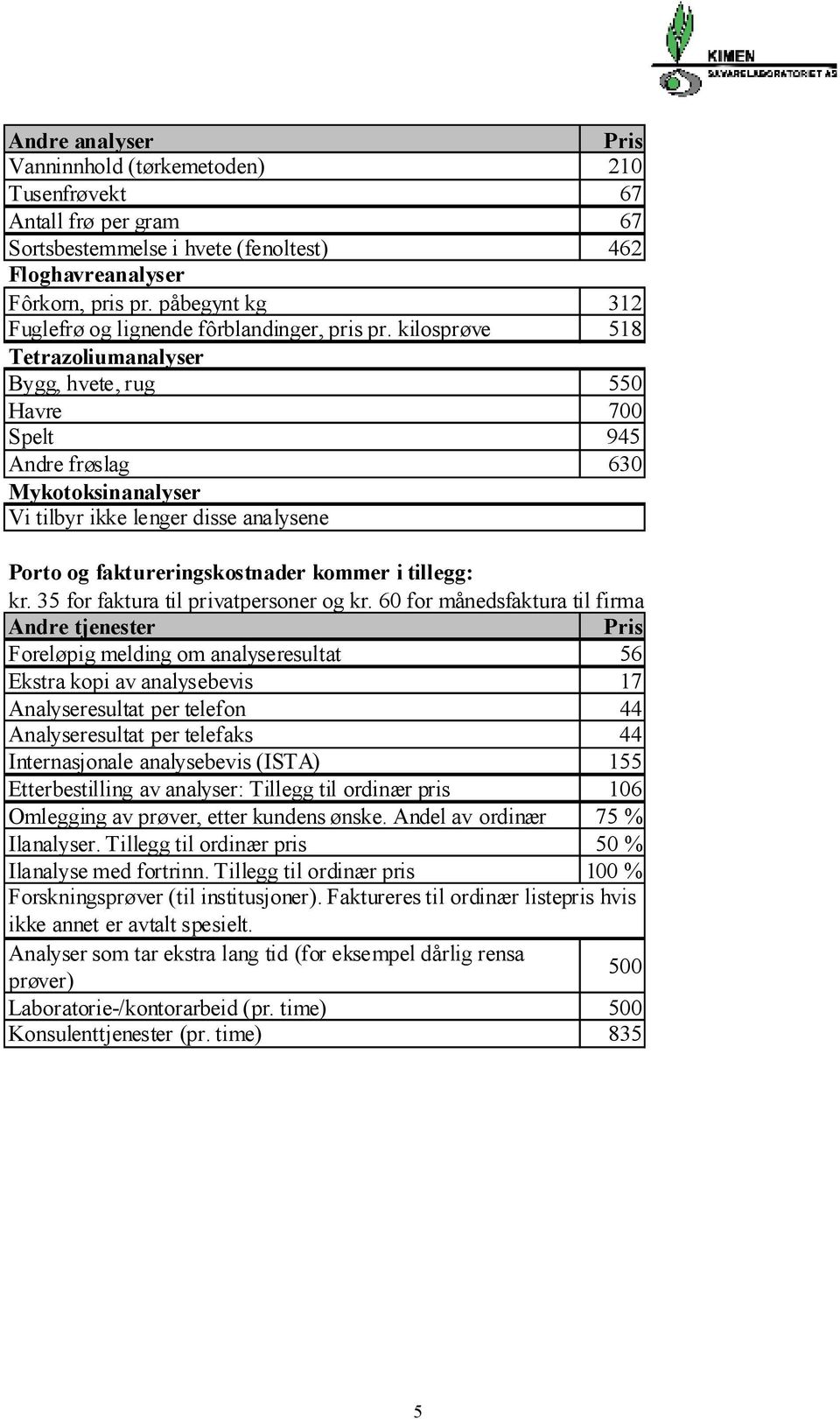 kilosprøve 518 Tetrazoliumanalyser Bygg, hvete, rug 550 Havre 700 Spelt 945 Andre frøslag 630 Mykotoksinanalyser Vi tilbyr ikke lenger disse analysene Porto og faktureringskostnader kommer i tillegg: