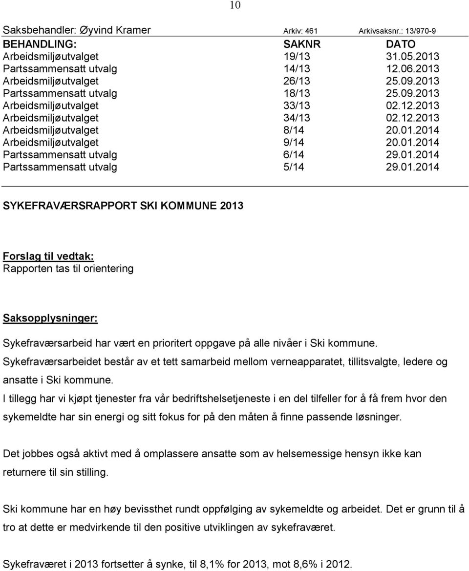 01.2014 Partssammensatt utvalg 5/14 29.01.2014 10 SYKEFRAVÆRSRAPPORT SKI KOMMUNE 2013 Forslag til vedtak: Rapporten tas til orientering Saksopplysninger: Sykefraværsarbeid har vært en prioritert oppgave på alle nivåer i Ski kommune.