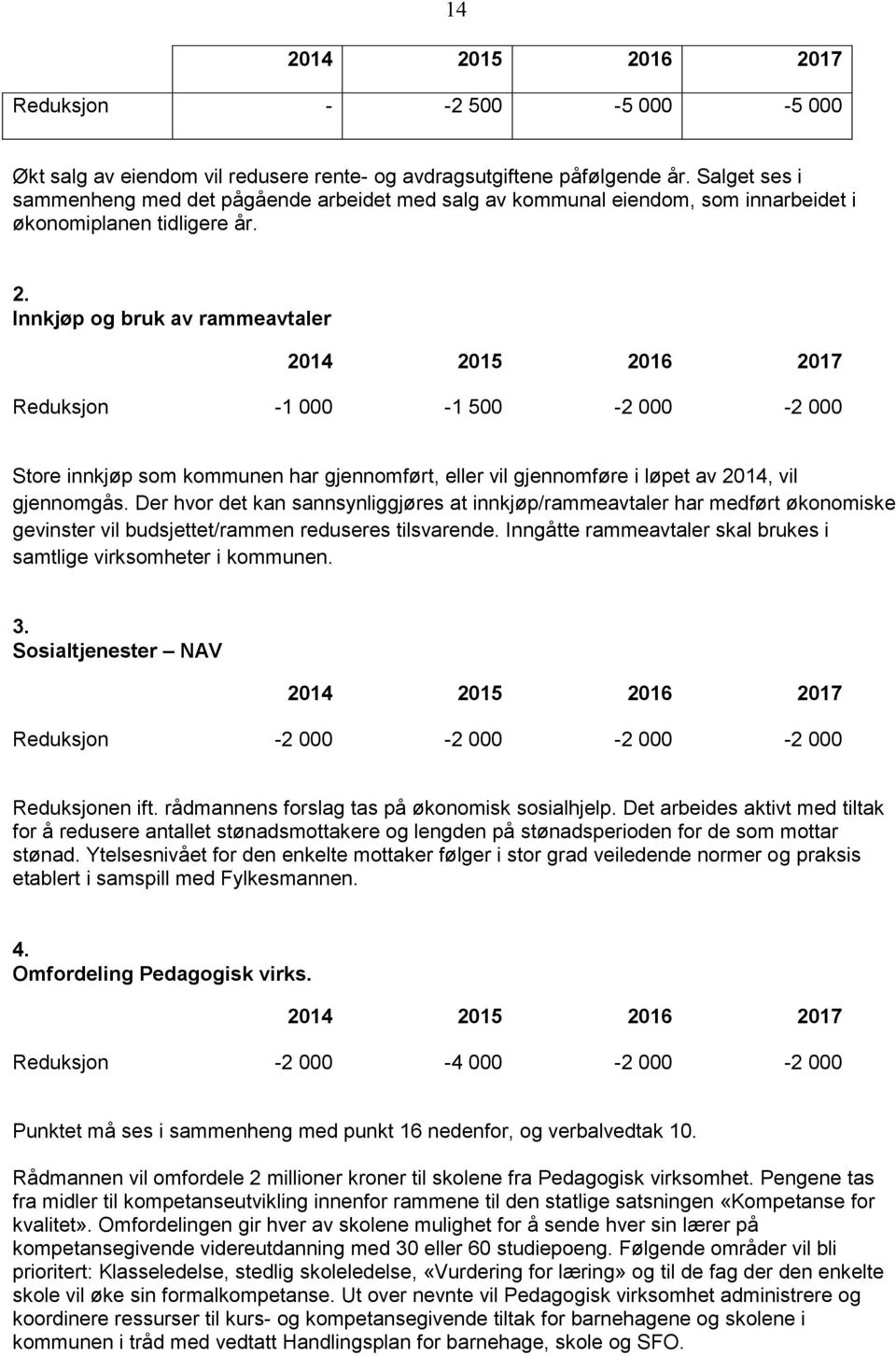 Innkjøp og bruk av rammeavtaler 2014 2015 2016 2017 Reduksjon -1 000-1 500-2 000-2 000 Store innkjøp som kommunen har gjennomført, eller vil gjennomføre i løpet av 2014, vil gjennomgås.