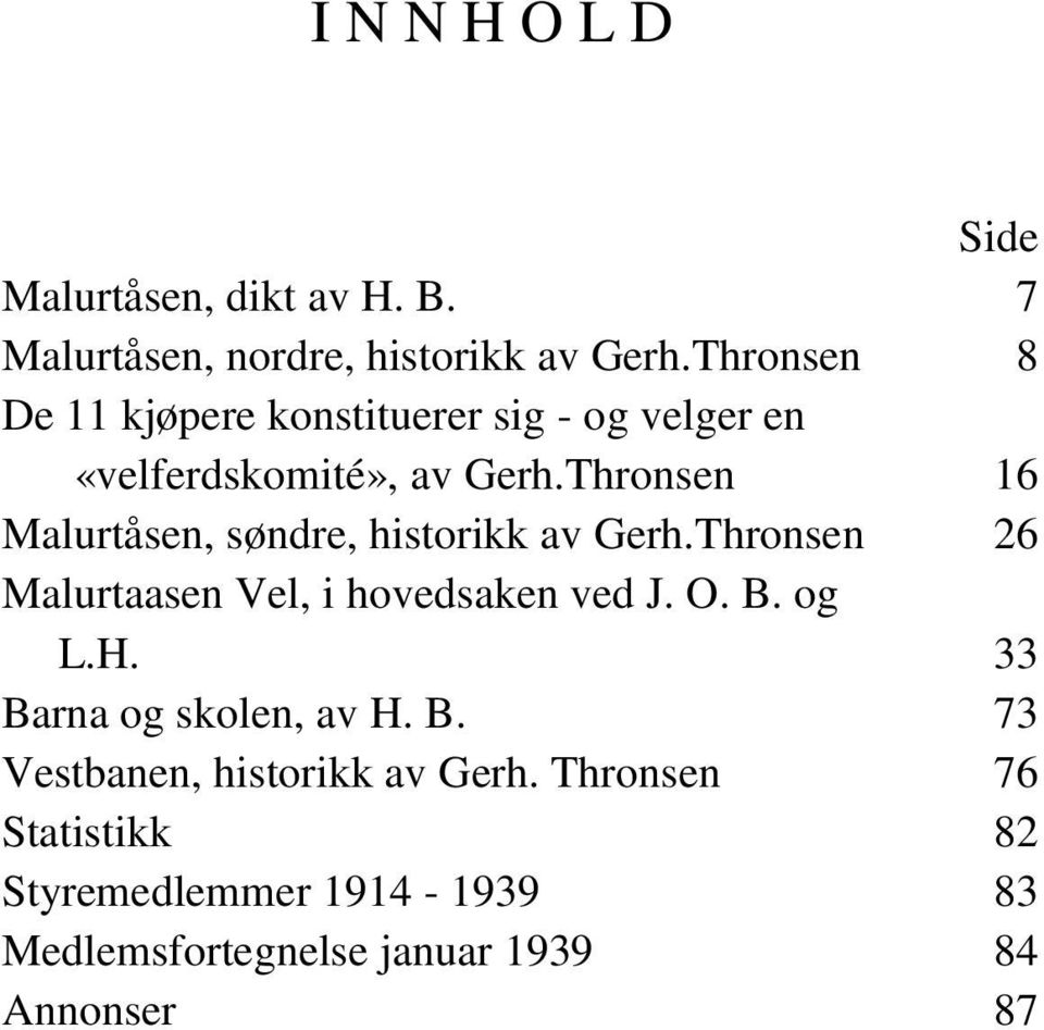 Thronsen 16 Malurtåsen, søndre, historikk av Gerh.Thronsen 26 Malurtaasen Vel, i hovedsaken ved J. O. B. og L.