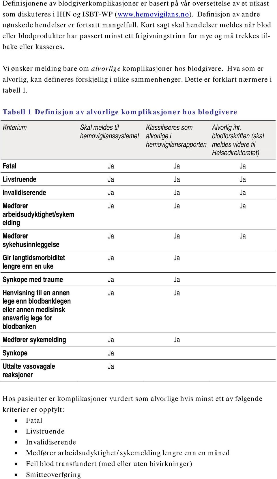 Kort sagt skal hendelser meldes når blod eller blodprodukter har passert minst ett frigivningstrinn for mye og må trekkes tilbake eller kasseres.